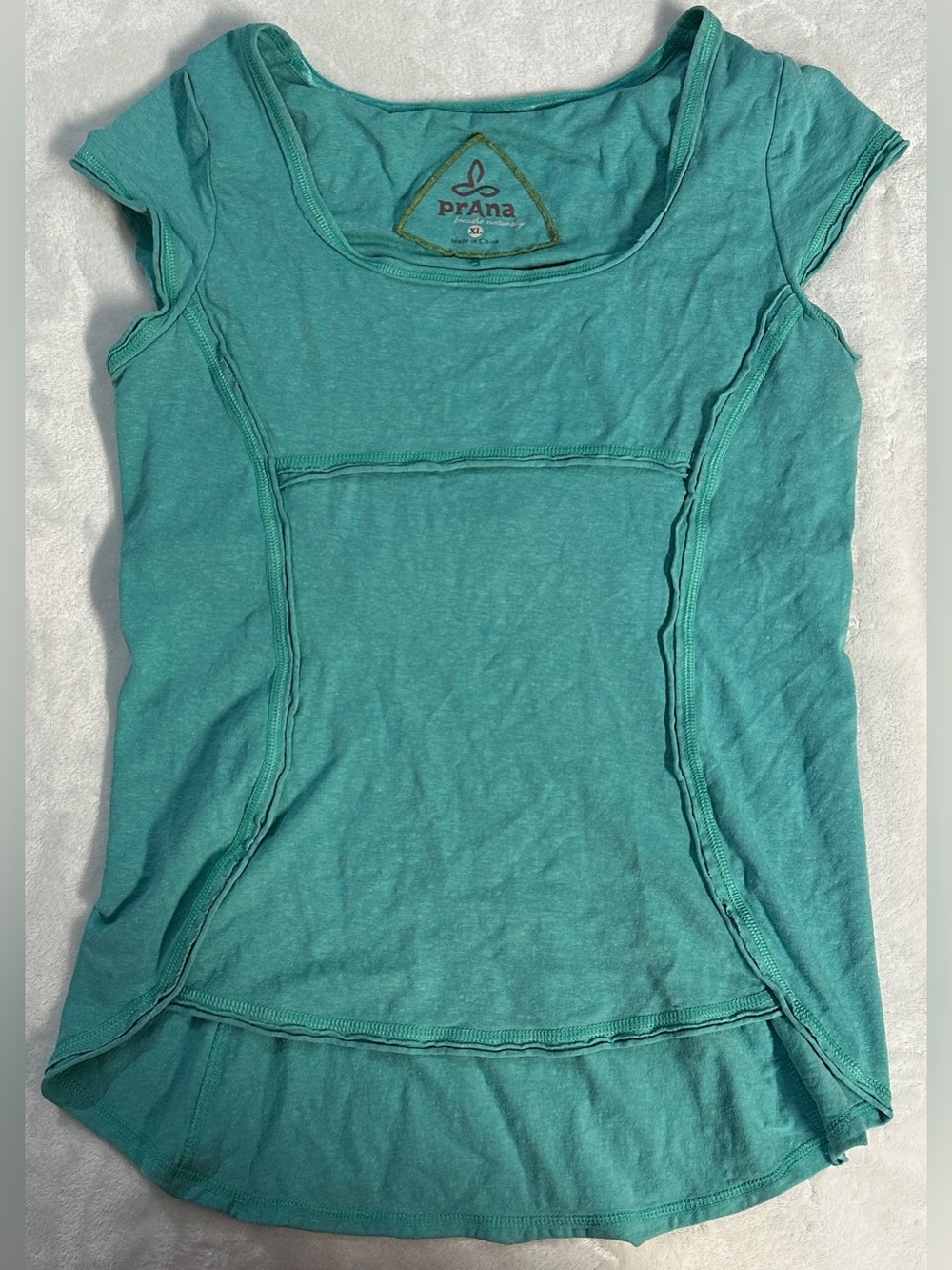 PRANA women's katrina teal hemp cotton high-low seam tee, XL.